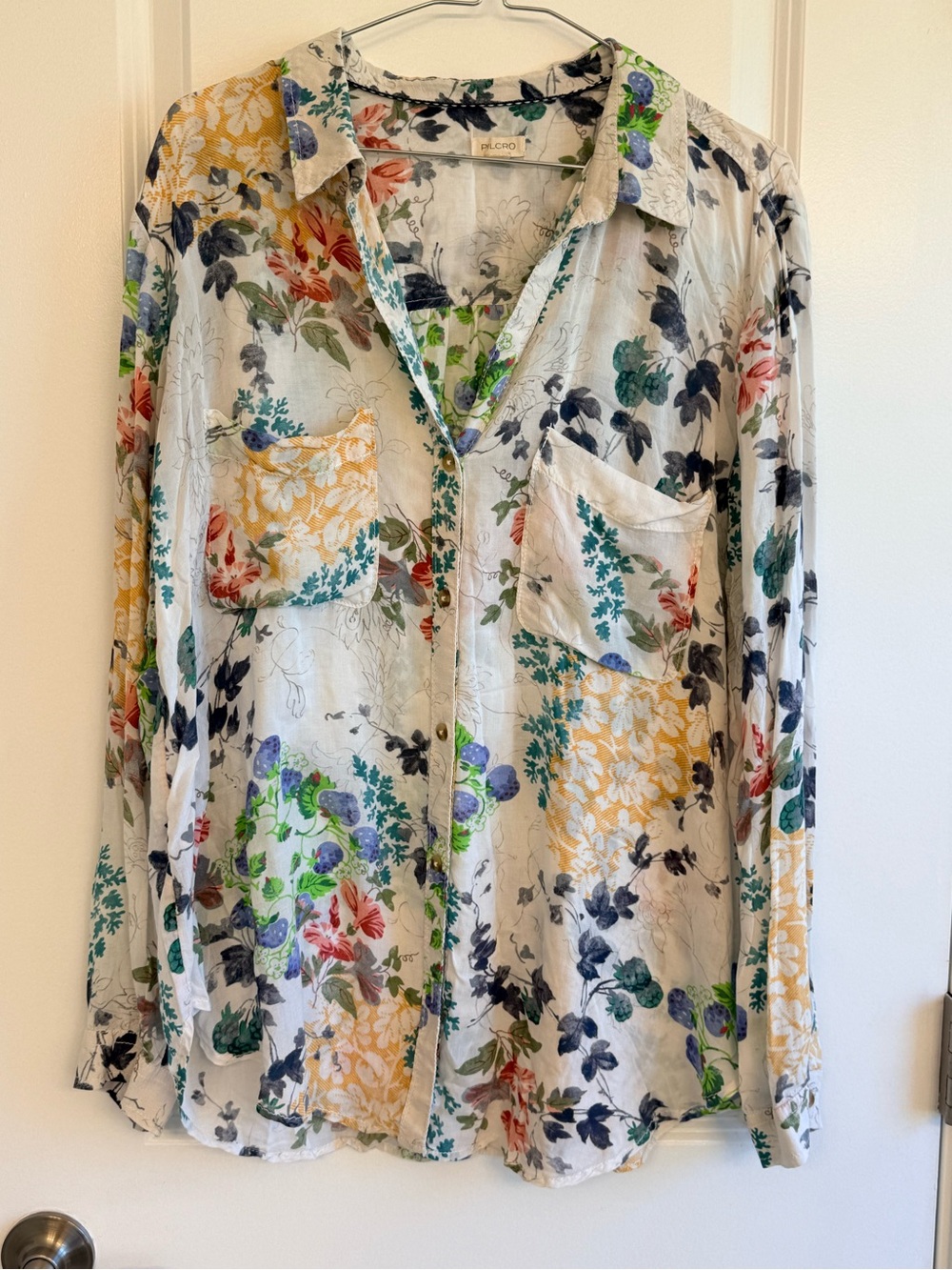 PILCRO The Romy Floral Patchwork Button-Up Blouse Sheer Modal Sheer Oversized